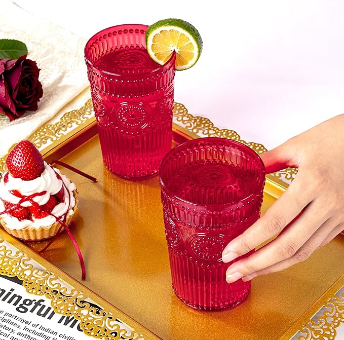 Ciaell 12 Pack Romantic Plastic Water Glasses - 14 Oz Red Vintage Drinking Glasses, Embossed Ribbed Plastic Cups, Textured Striped Set for Juice, Beverages, Beer, Cocktail & Mother's Day