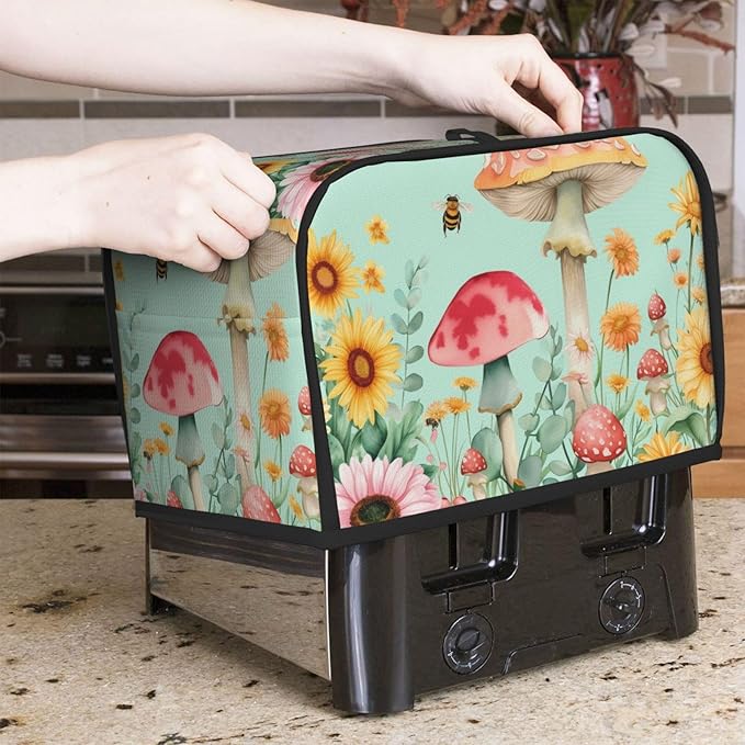 Pastel Sunflowers Mushrooms Toaster Cover 2 Slice, Cute Rural Bread Machine Cover, Washable Dust-Proof Cover for Kitchen Small Appliance Cover,with Top Handle
