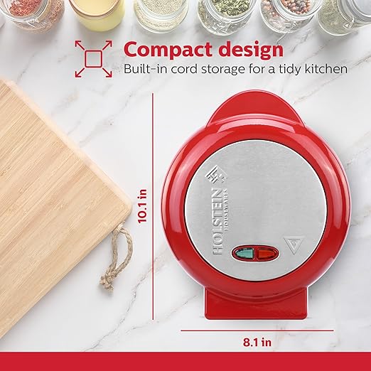 Holstein Housewares Stainless Steel 2 Section Omelet & Frittata Maker, Non Stick Coating, Easy To Clean, Indicator Lights, Compact Storage, Prepare Versatile Recipes in Minutes. 2 Portions, Red