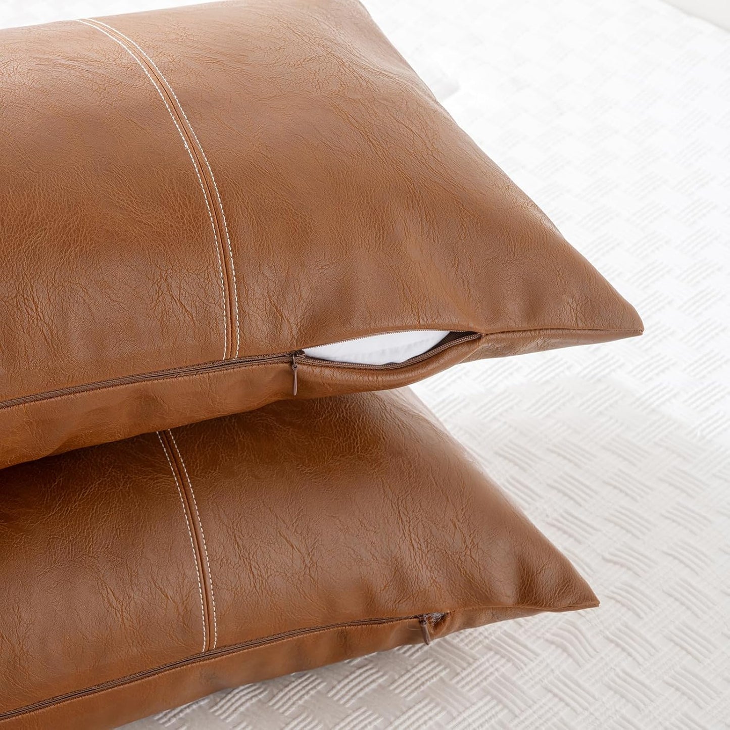 Fancy Homi Brown Boho Long Lumbar Faux Leather Body Decorative Throw Pillow Cover 21x54 Inch for Bedroom Couch Bed Sofa Bench, Hand Stitched Stylish Pillowcase, Rustic Modern Farmhouse Room Decor