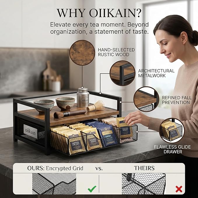 Wood Tea Bag Organizer and Storage Chest | Rustic Brown Tea Station with Drawer & 8 Compartments | Countertop Kitchen Display Box