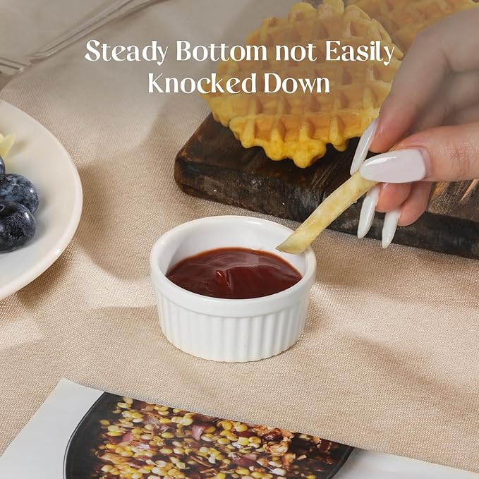 DOWAN Dipping Bowls 1.5 oz, Sauce Cups Mini Ramekins, Tiny Ramekin Porcelain Souffle Dish, Dessert Cups Small Bowls Condiment Cups for Charcuterie Board, Microwave & Oven Safe, Set of 6, Soft White