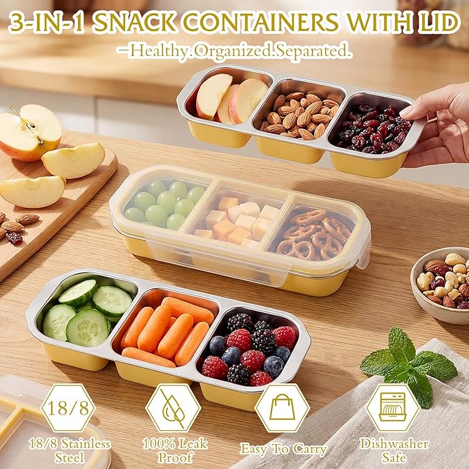 FoldTier 4 Pack Stainless Steel Snack Container for Adults 3-compartment Leak-proof Lunch Box for Work, Travel 10.6 x 4.1 x 2 Inch Stackable Reusable Metal Bento Box(Yellow)