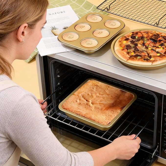 5-Piece Gold Nonstick Baking Pans Set, Carbon Steel Bakeware Includes Round Cake Pan, 6-Cup Muffin Pan, Square Pan, Pizza Pan, Loaf Pan, Complete Baking Tools for Home Baking & Gift
