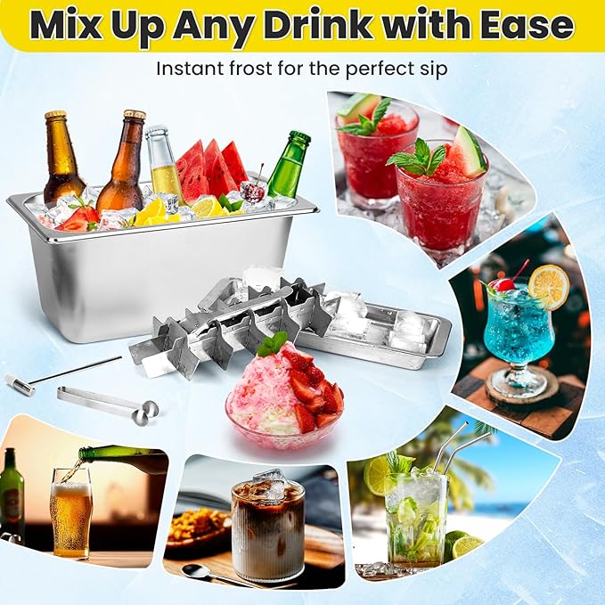 Stainless Steel Ice Cube Trays and Bucket, Metal Ice Cube Mold Trays for Freezer, Vintage Design with Release Lever Remove Handle for Making Large Cubes Kitchen Bar (Tweezers & Hammer)