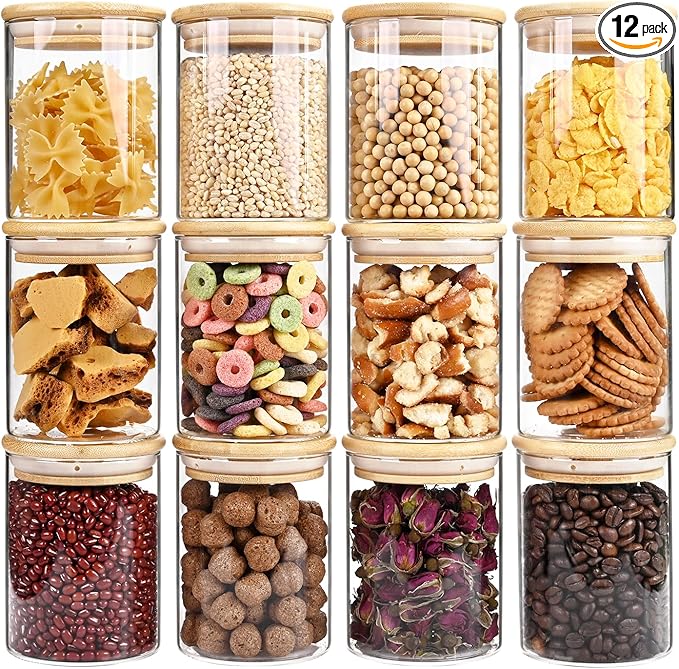 SHOWIN 17oz Glass Food Storage Jars, Glass Jars with Bamboo Lids, Kitchen Storage Jars, Set of 12, Canisters with Airtight Lids for Spice, Coffee, Cookie, Pantry Organizers