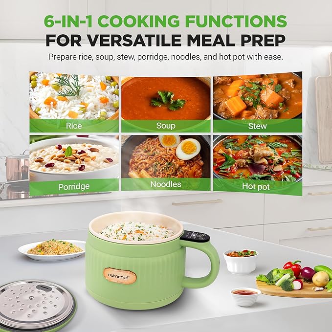 NutriChef 1.6 QT Portable Electric Rice Cooker & Lunch Maker | Multi-Functional & Non-Stick Ceramic Coating | Digital Control Panel | 6 Cook Functions: Rice, Soup, Stew, Porridge & More | Green