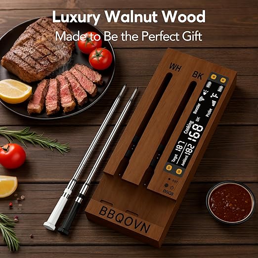 BBQOVN (Luxury Walnut Wood) WiFi Sub-1G Wireless Meat Thermometer Unlimited Range 7 NIST Certified Sensors with Ambient Temp 2 Temp Monitoring Ways Digital Smart Base and App for Smoker, Grill, Oven