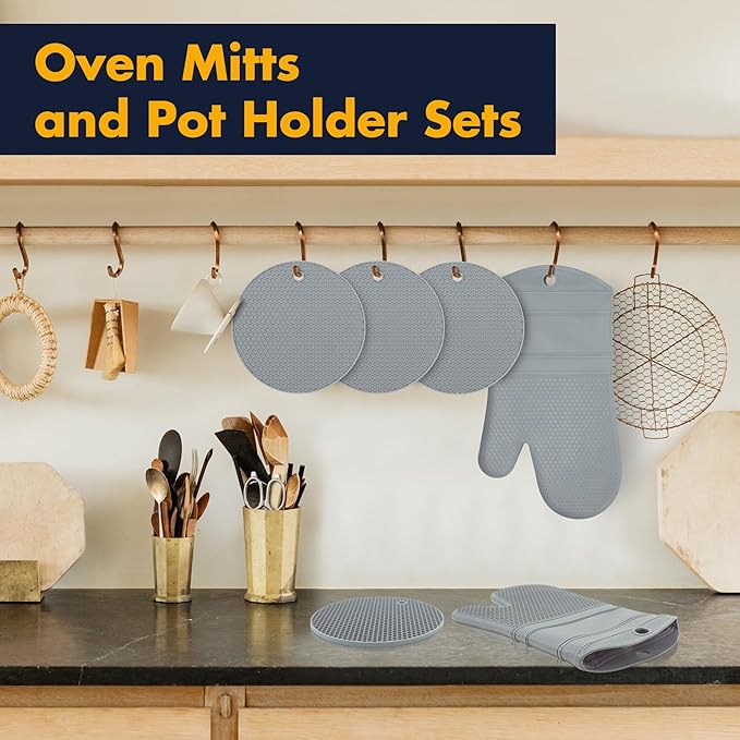 6 Pack Oven Mitts and Pot Holders Sets,Silicone Oven Mitts &Hot Pads,Long Cooking Gloves,Kitchen Trivet Mats,Kitchen Home Essentials,12.9" Mitts 7" Trivets (1*Pair Grey Oven Mitts+4*Trivet)