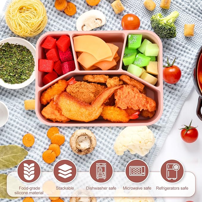 Honeydak 6 Pcs Silicone Bento Box Reusable Lunch Container 4 Compartment Snack Boxes with Lid Smooth LeakProof Rectangle Food Boxes for Adult Work Travel Food Storage(Classic Color)