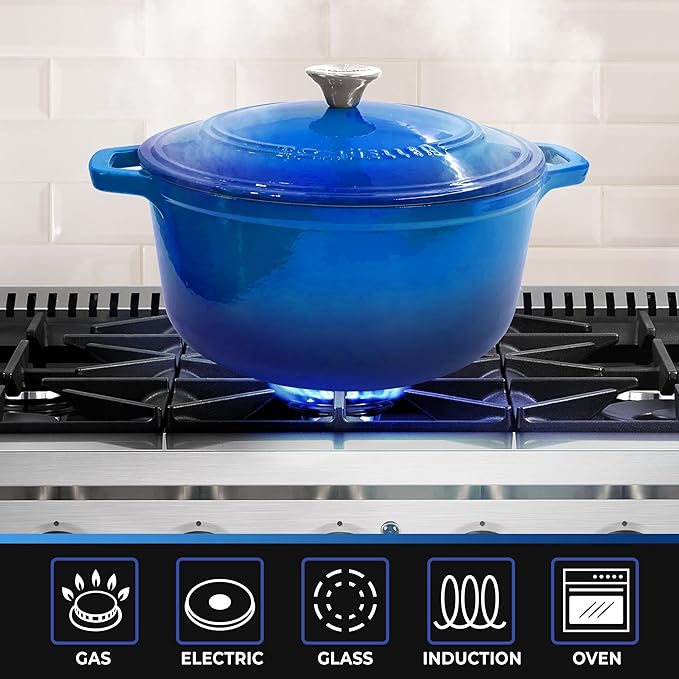 MUELLER HOME 7.5 QT Enameled Cast Iron Dutch Oven, Heavy-Duty Casserole Dish and Braiser Pan with Lid and Stainless Knob, Oven-Safe up to 500° F & Across All Cooktops, Aqua Blue