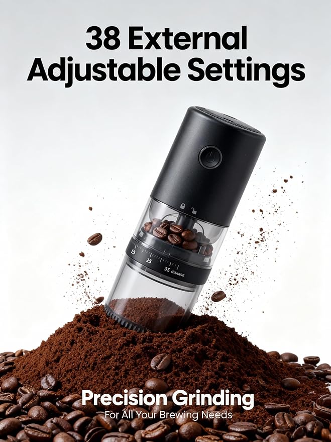 LAMIDO Portable Electric Burr Coffee Grinder - Grind While Charging - Visual Bean Hopper - 38 External Grind Settings - 1.8X Faster Grinding - 2000 mAh Battery for Travel, Camping - Matte Black