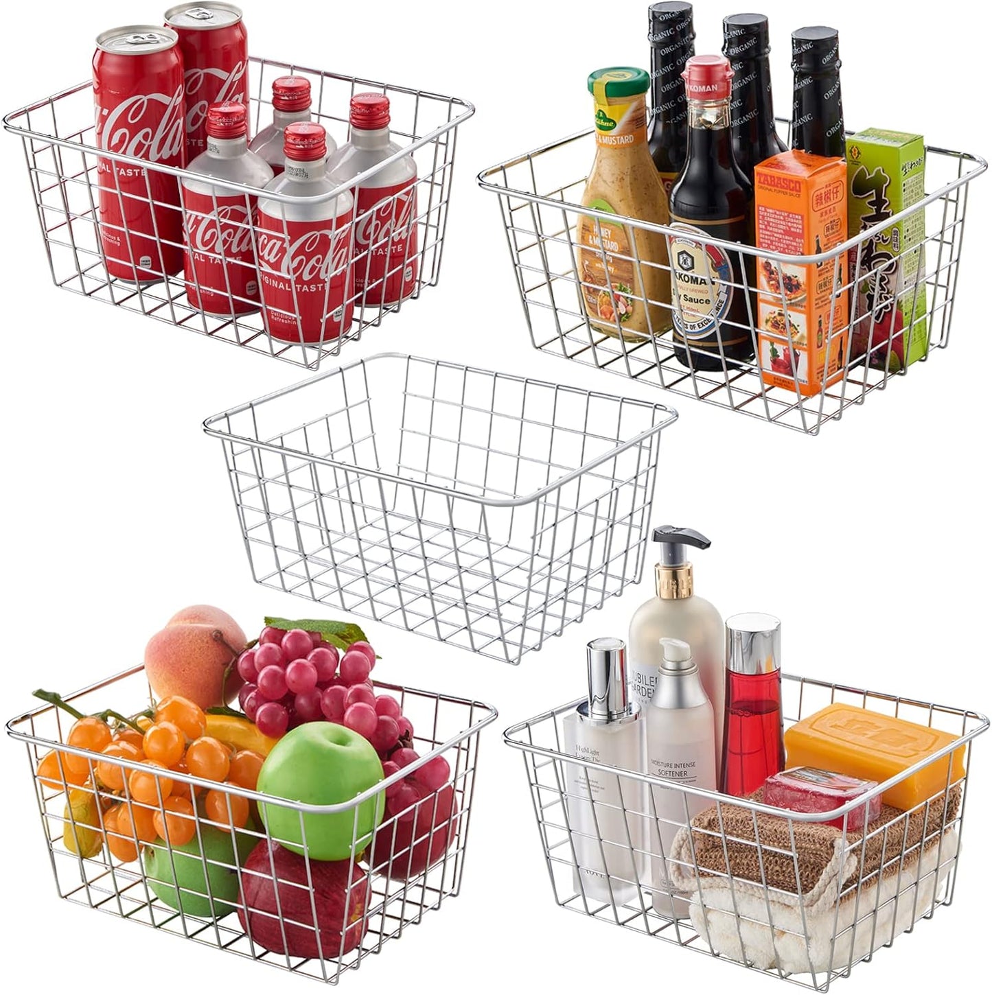 Wire Kitchen Storage Basket 5 Packs,Perfect Pantry Organization Accessories Baskets,Laundry Basket,Countertop Organization,Suitable for Kitchen,bathroom,bedroom,Tabletop,Stackable,Chrome