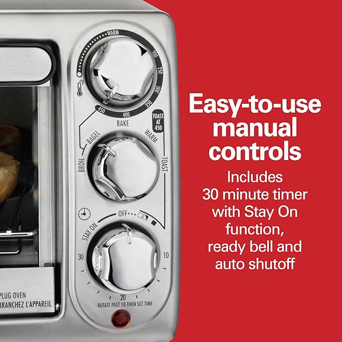 Hamilton Beach 4-Slice Toaster Oven with 5 Cooking Modes (Bake, Broil, Keep Warm Toast & Bagel) with Stay On & Auto Shutoff, 2 Rack Positions, 1100 Watts and 3 Accessories, Stainless Steel (31143)