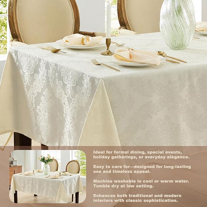 Newbridge Barcelona Luxury Damask Fabric Tablecloth, 52” Wide x 70” Rectangle, Antique White, 100% Polyester, No Iron, Soil Resistant Dining Room, Party and Banquet Table Cover