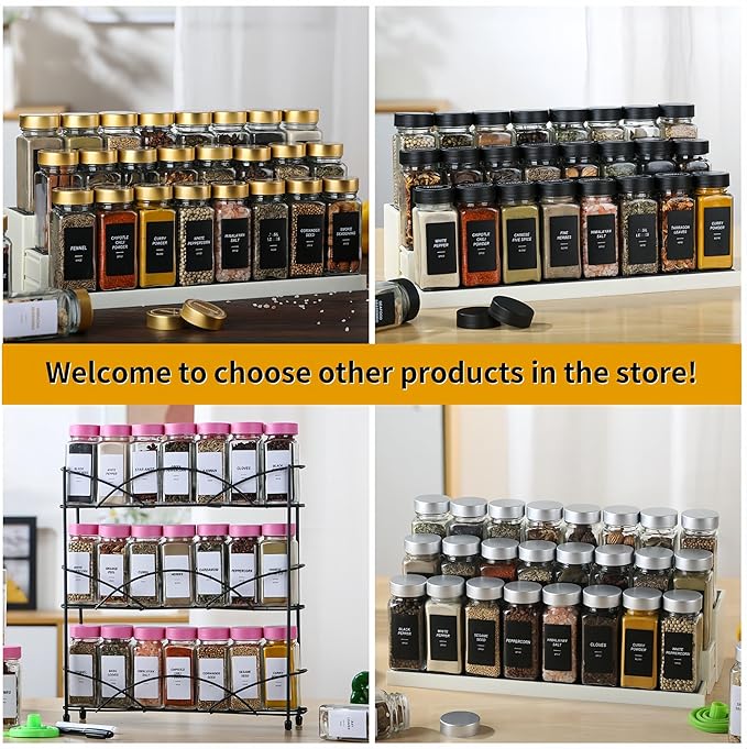 24Pcs Spice Jars Containers with Labels，4oz Black Seasoning Bottles with Shaker Lids for Rack, Cabinet, Drawer,Empty Square Condiment Pots (24, Black)