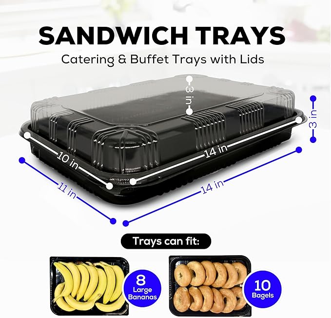 25 Pack Catering Trays with Lids – 15" Serving Tray with Lid, Heavy Duty Recyclable Plastic Party Platters for Catering, Buffet, Picnics & Events – Food Tray with Clear Lid (15.35 × 11.42 × 2.95 inch)