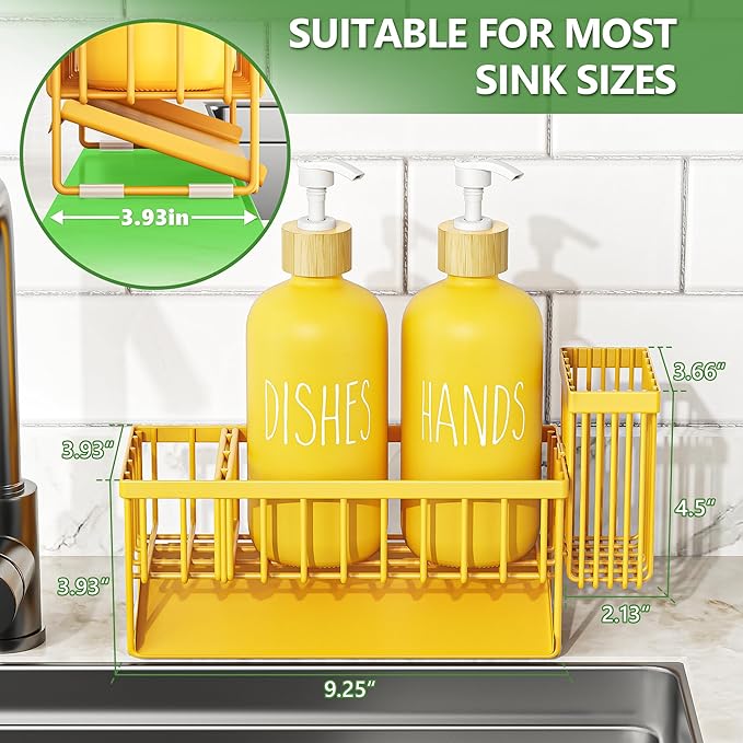 Cisily Yellow Dish Soap Dispenser Set, 16 fl Oz Dual Kitchen Soap Dispensers with Sponge Holder, Customized Stainless Steel Kitchen Soap Dispenser Set, Lemon Kitchen Decor and Accessories