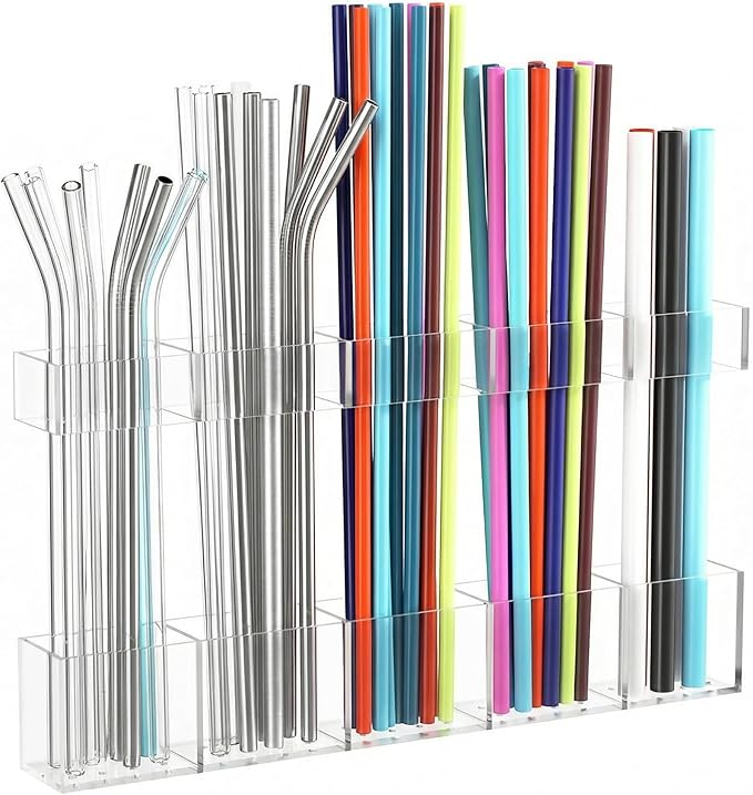 Straw Holder for Cabinet Door, Reusable Tumbler Straw Organizer Storage Container Mount for Kitchen Counter Cupboard Door (Transparent, 9.5inch)