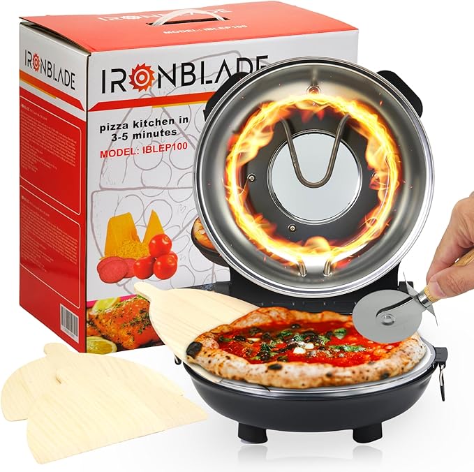 EMB Ironblade Series IBLEP100 Electric Indoor Pizza Oven – Heats Up to 800°F, 12” Stone-Baked Pizza, Adjustable Heat Control, Countertop Design for Perfect Homemade Pizza, Easy Clean, 3-Prong Plug