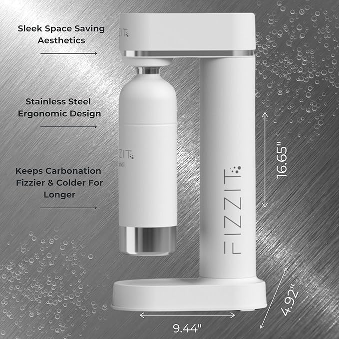 Fizzit Spärklï Carbonated Water Soda Maker in White with 2 Black Stainless Steel Bottles & 1 White Stainless Steel Bottle