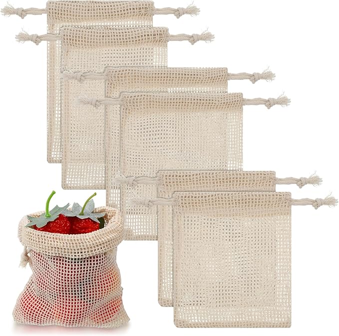 6 Pack Reusable Produce Bags, Cotton Mesh Bags With Drawstring for Vegetables Fruits Grocery Shopping, Multi Size Durable Washable Storage Bag (2L,2M,2S)