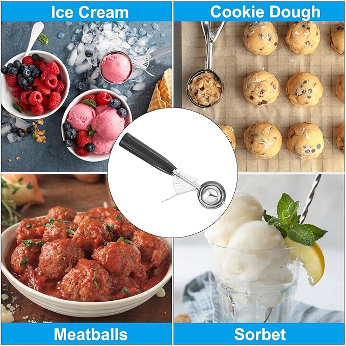 PATIKIL 1 Ounce Ice Cream Scoop with Trigger, Stainless Steel Portion Cookie Scoop with Thumb Trigger for Cookie Dough Cupcake Batter Baking, Black 30ML