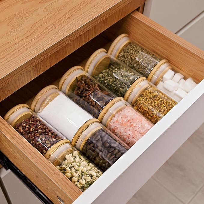 SHOWIN 6oz Glass Food Storage Jars, Glass Jars with Bamboo Lids, Kitchen Storage Jars, Set of 6, Canisters with Airtight Lids for Spice, Coffee, Cookie, Pantry Organizers