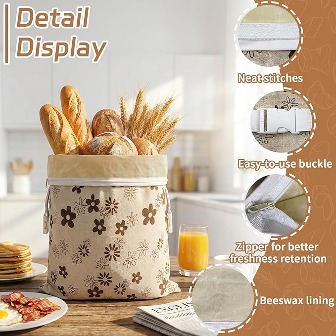 Reusable Beeswax Bread Bags-17"x13" Large Bread Bags for Sourdough & Homemade Cloth BreadBags Keeps Fresh Longer 2Pack (Flower Pattern) | Flower Pattern, Beeswax Bread Bag, Large Size, Zipper, Snap-on