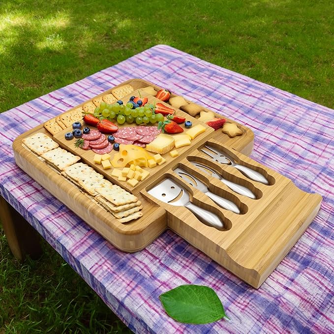 Sarolta Homewares Bamboo Cheese & Sushi Cutting Board and Platter with Brushed Stainless Steel Cutlery Set - Single Set