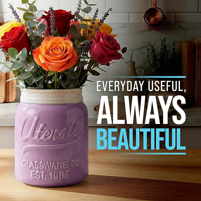 Comfify Wide Mouth Mason Jar Utensil Holder Decorative Kitchenware Organizer Crock, Dishwasher Safe - Kitchen Caddy Purple, Large Size 7" Hight
