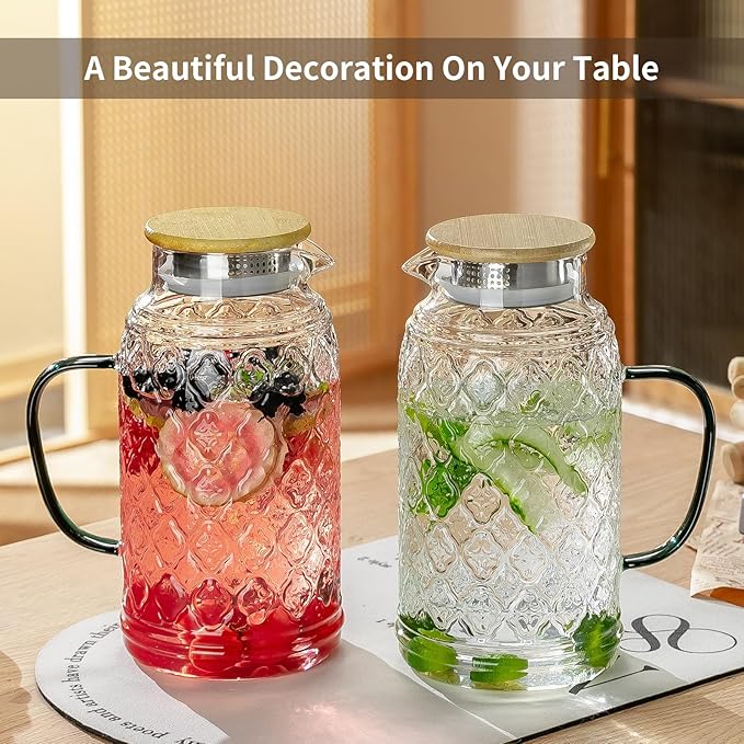 Buaic 2 PACK Glass Pitcher with Bamboo Lid, 68 oz/2L Vintage Water Pitcher, Clear Borosilicate Glass Water Carafe for Cold Brew, Coffee, Lemonade, Iced Sun Tea,Beverage, Heat Resistant Water Glass Jug