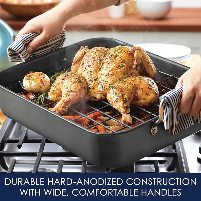 Rachael Ray Brights Hard Anodized Nonstick Roaster / Roasting Pan with Rack - 16 Inch x 12 Inch, Gray