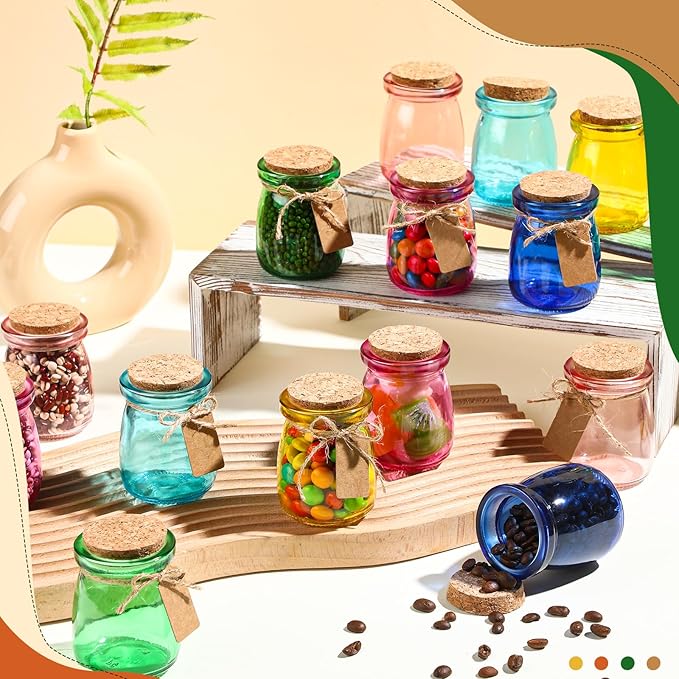 Qinyoung 54 Pack Bulk 3.4 oz Mini Colored Glass Mason Jars with Cork Lids & Labels & Twines — Decorative Storage Containers Multi-purpose for Wedding Holiday Party Favor Gifts DIY Craft Home Decor