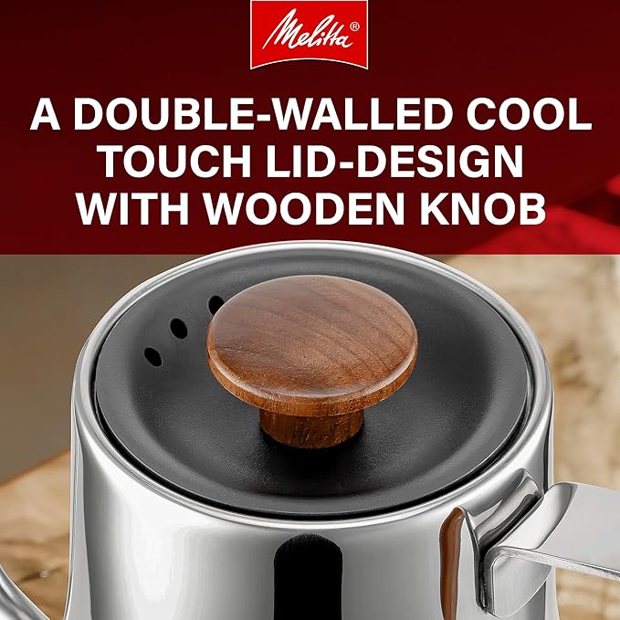 Melitta Precision Pour X Stainless Steel Gooseneck Electric Kettle with Wooden Handle and Knob