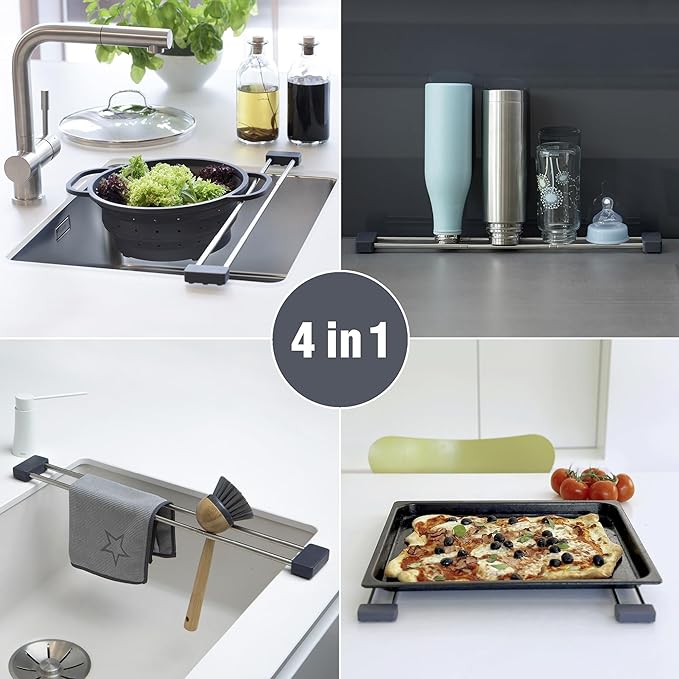 Sanni Shoo drip.line Pure - Versatile and Adjustable Kitchen Rack Drip Tray for Dishcloths, Brushes, and Bottles - Hygienic Storage - Made ofStainless Steel and Silicone