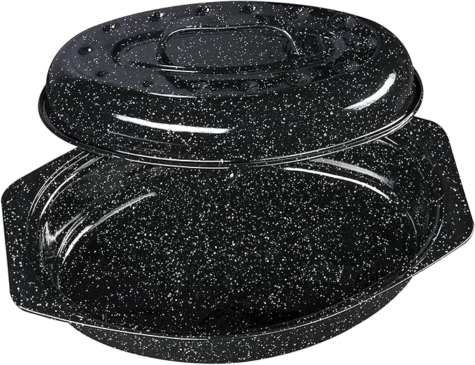 Granite Ware 13-inch oval roaster with Lid. Enameled steel design to accommodate up to 7 lb poultry/roast. Resists up to 932°F. Ideal for preparing meals for two!