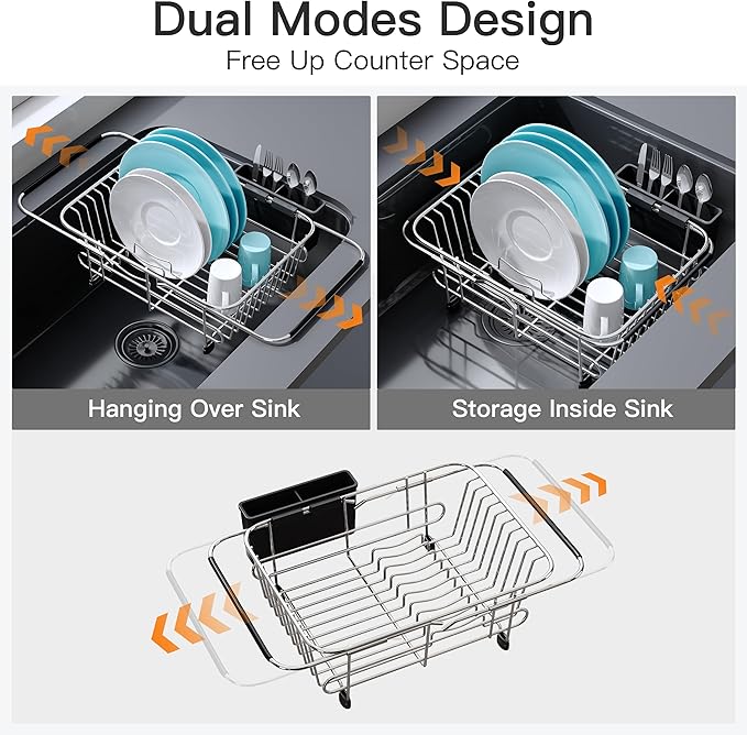 Apartment RV Small Dish Drainer Drying Rack Over The Sink In Stainless Steel for Narrow Kitchen, Counter Space Saving Compact Expandable Metal Plate Dryer Strainer, Modern Above Wire Drain Holder