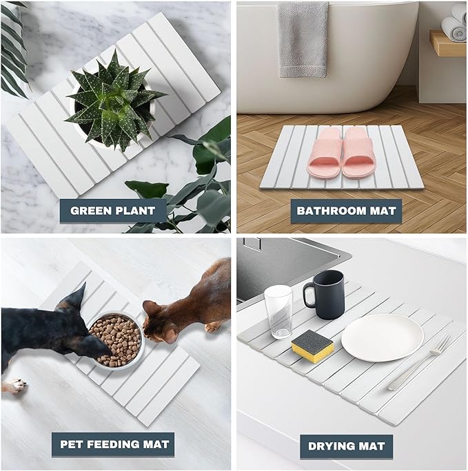 Large Stone Dish Drying Mats for Kitchen Counter , Quick Dry Absorbent Collapsible Dish Drying Mat With Rubber Sole, 23.4”(L)x15.4”(W) Diatomaceous Earth Mats for Dishes Bottles Cups
