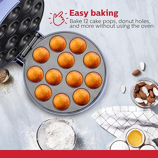 Holstein Housewares 12-Count Cake Pop Maker with Non-Stick Plates & Indicator Lights – Bakes 12 Sweet or Savory Pops Fast, Perfect for Birthday Treats & Holiday Party Snacks, Lavender