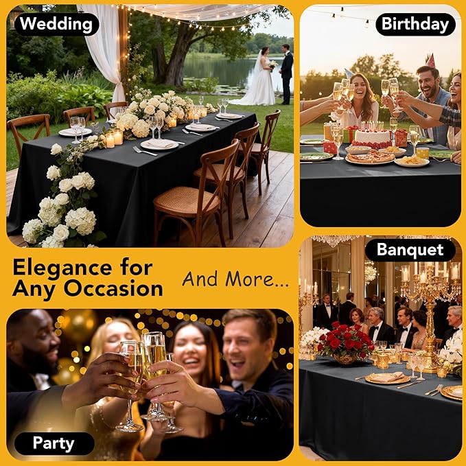 6-Pack Black Tablecloths for Square Tables, 54 x 54 Inches, Stain-Resistant Polyester Fabric for 2 Foot Tables - Washable Table Covers for Weddings, Banquets, Birthday Parties, Events