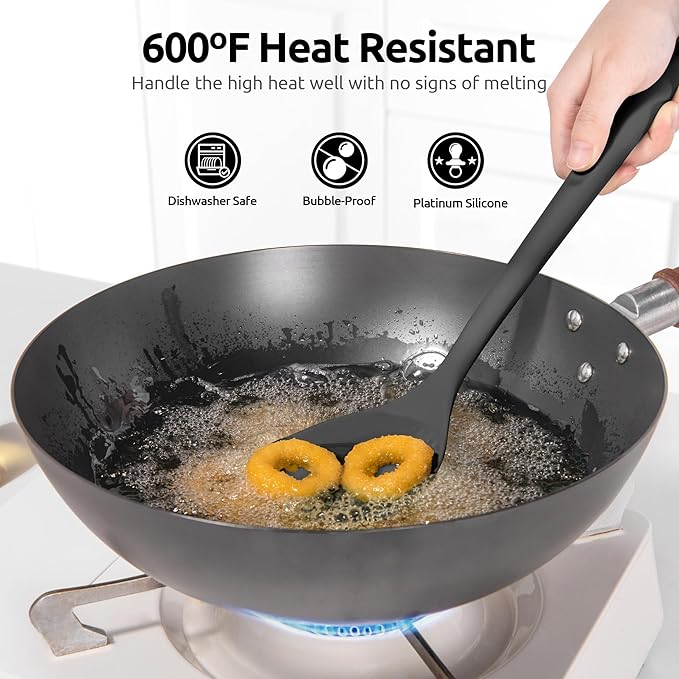 U-Taste 600ºF High Heat Skinny Silicone Jar Spatula and 600ºF Heat Resistant 13.76" Long, 3.63" Wide Wok Spatula for Kitchen Stir Fry (Black)