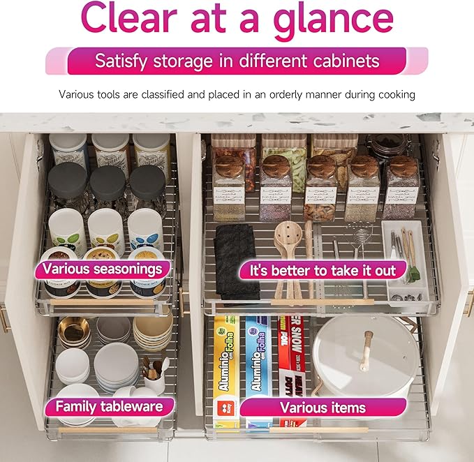 SUZLON Pull Out Cabinet Organizer, Expandable(10.2"~16.4") Cabinet Drawers Slide Out, Adjustable Width Roll 0ut Shelf Cabinet Organizer for Kitchen Base Cabinet Organization (Small, 2Pack)