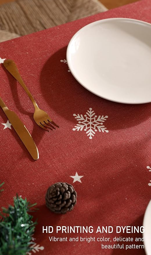 ISAENNE Designer Christmas Red Extra Long Rectangle Tablecloth,Linen Table Cloth with Snowflakes Pattern,Wrinkle Resistant Decor Tablecloths for Dining Kitchen Thanksgiving,63"*110"-Carol C
