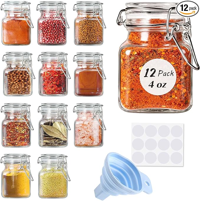 SPANLA Spice Jars, 12 Pack 4oz Small Glass Jars with Airtight Hinged Lid, With 12 Spice Labels & Silicone Funnels, Airtight Glass Jars for Spices, Art Craft Storage (12 Pack)