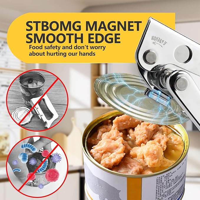 Commercial Heavy Duty Manual Can Opener for Seniors & Arthritis, Stainless Steel with Magnetic Lid Lifter, Smooth Edge Safe Cut, Open for Large Cans, Kitchen & Camping & Commercial with Bottle Opener