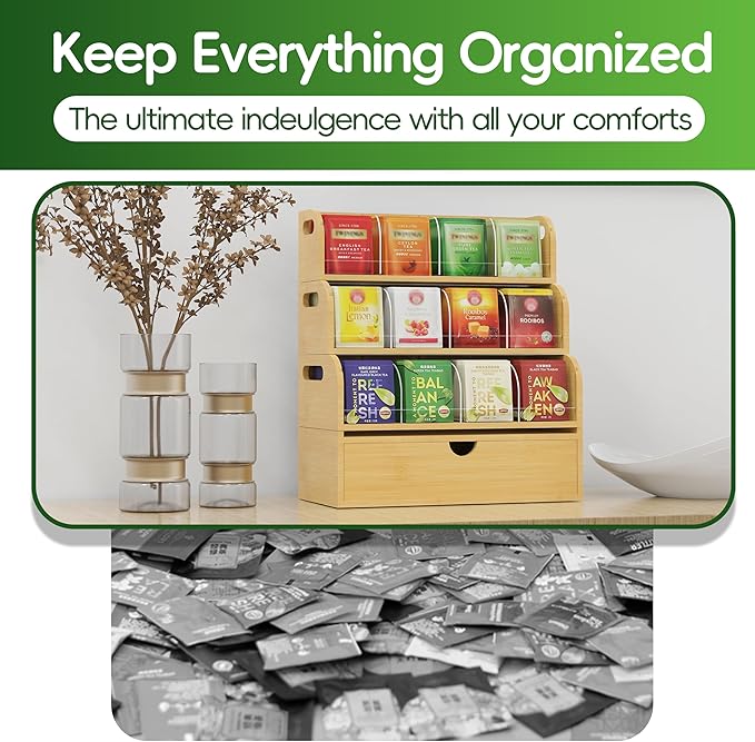 Bamboo Tea Bag Organizer for Coffee Bar, 4 Tier Modular Tea Organizer with Drawer, Large Capacity Tea Storage Box, Stackable Tea Station Organizer, No Assembly, Kitchen Counter