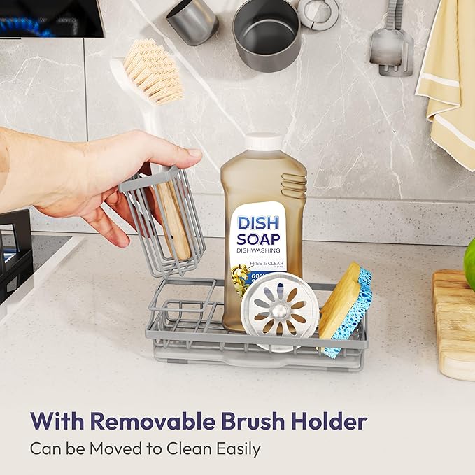 SWTYMIKI Sink Caddy Sponge Holder - Kitchen Sink Organizer with High Brush Holder for Countertop to Hold Dish Soaps and Sponges, Stainless Steel, Gray