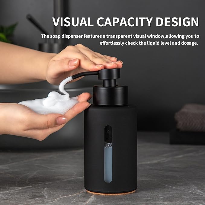 Enra Thick Glass Foaming Soap Dispenser with Clear Window,12oz Black Bathroom Soap Dispenser with Stainless Steel Pump, Modern Boho Refillable Pump Bottle for Bathroom Kitchen (Foam-Black)