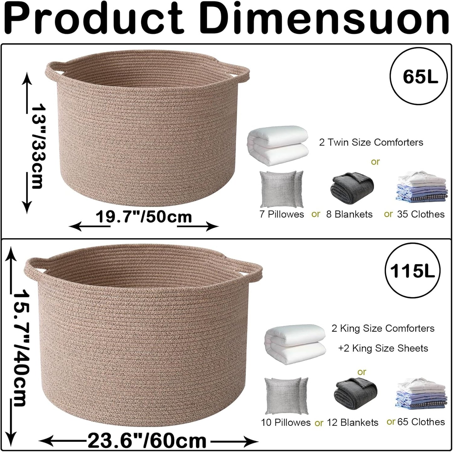 Large Blanket Basket for Organizing,65L Closet Organizers and Storage Bins Box for Shelves Woven Rope Storage Baskets,Living Room,Bedroom,Dorm,Laundry room (Brown)
